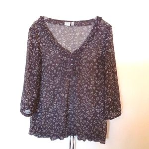 Esprit Women's Cottagecore V-Neck Floral Blouse with Ruffled Button Placket Sz L